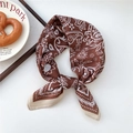 Caramel brown vintage floral silk square scarf tied in a stylish knot for women - Dotted Vine Leaf Frame Brown (12SR)