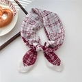 Elegant red and white plaid silk scarf styled as a bow on a clean white background - 21SR-Interlaced Wine Red Grid