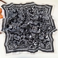 Square paisley silk scarf with black and white bohemian floral pattern and white border - Dotted Vine Leaf Frame Black (13SR)