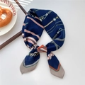 Navy blue silk neck scarf featuring golden chains and geometric stripe patterns - 23SR-Diagonal Chain Belt Blue