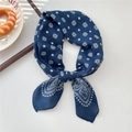 Navy blue paisley silk scarf with white polka dots tied in a bow for women - Sun Halo Sunflower Navy Blue (16SR)
