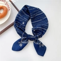 Dark blue satin scarf with silver chain patterns tied in a bow on a white surface - 27SR-Silver Chain Blue