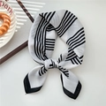 Elegant black and white striped geometric silk scarf tied in a stylish knot - Five Stripes Milk White (29SR)