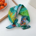 Abstract floral square silk scarf tied in green and blue on a minimalist white surface - 53x53cm / Lotus Pond Scenery