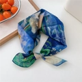 Impressionist style square silk scarf in blue and green tied as a decorative bow - 53x53cm / Blurry Art Painting