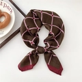 Brown silk scarf with pink plaid pattern and red heart details tied in a stylish knot - Small Heart Plaid Brown (38SR)