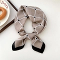 Khaki geometric grid silk scarf with black hearts and border, tied as a stylish bandana - Small Heart Plaid Beige Coffee (39SR)