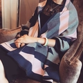 Thick autumn winter oversized knit shawl wrap in pink, grey and navy geometric contrast - Navy Blue