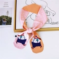 Pink and orange silk-like twilly scarf with cartoon character print and polka dots - Little Chubby Figure Illustration (2圆角小胖子)
