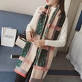 Winter double-sided scarf wrap with dark green and khaki vintage botanical patterns - Green Lace Border
