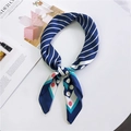 Navy blue striped silk scarf with geometric patterns on a white table setting - 70x70cm / Navy Blue Stripe Polka Dot