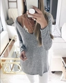Detailed view of women's gray deep V-neck knit sweater showing marl texture and slim sleeves - S / Tops / Gray