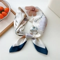 Floral silk square scarf in cream with orange blooms and peacock blue border - 70x70cm / White Pear with Navy Edge (04)