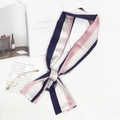 Elegant navy blue and pink striped satin skinny scarf styled with fashion accessories - Striped Pink