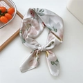 Off-white silk scarf with pink floral patterns and green leaves tied in a knot - 70x70cm / Sketch Floral Print (06)