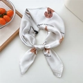 White silk-feel square scarf with brown dachshund dog print and English text pattern - 70x70cm / Dachshund Dog Print (07)