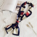 Elegant silk long scarf with red, blue and beige geometric pattern on white background - Navy Blue Geometric