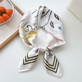 Artistic floral square silk scarf in beige with blue and yellow patterns - 70x70cm / Simple Sunflower Print (14)