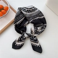 Elegant geometric pattern silk square scarf in black and beige with shell accents - 70x70cm / Mandala Pattern Black (19)
