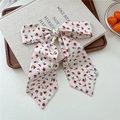 Floral print long ribbon hair tie in beige chiffon with red and green vintage patterns - 04 Tie-Little Red Flower
