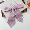 Pink floral chiffon ribbon hair tie with blue flower patterns in a bow style - 05 Tie-Outlined Blue Green Flower Peach Base