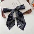 Classic black and white paisley print silk hair scarf tied in a bow on a book - 06 Tie-Teardrop Paisley Black