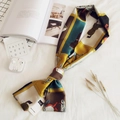 Retro equestrian print long silk scarf for women in gold and teal satin finish - Pony