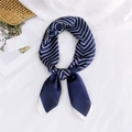 Elegant navy silk square scarf with white geometric patterns and contrast border - Blue