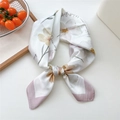 Elegant pearl white silk scarf with yellow floral print and light purple border - 70x70cm / White Pear with Pink Edge (24)