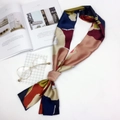 Narrow silk satin twilly scarf with abstract blue and caramel block prints for women - Flower Red