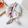 Elegant ivory silk scarf featuring purple floral prints and a lavender edge border - 70x70cm / Purple Flower Taro Edge (26)