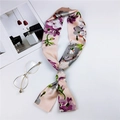 Pink floral long skinny scarf for women with purple and grey print in silk satin finish - Floral Pink