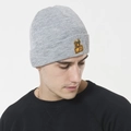 Men's knitted beanie in light grey featuring a yellow monkey embroidery patch - M (56-58cm) / Gray Monkey Patch