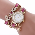 Golden wrap bracelet watch for women with pink braided band and sparkling LOVE charm - Rose Red