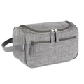 Portable gray textured polyester toiletry bag with leather handle and double zippers - Light Gray