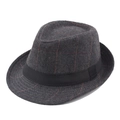 Men's dark grey plaid wool fedora hat with red check patterns and black ribbon band - 58cm / Dark Gray