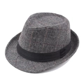 British vintage gray herringbone fedora hat with subtle red plaid and black ribbon - 58cm / Light Gray