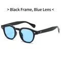 Retro oval sunglasses with black frame and blue lenses featuring silver metal rivets - Black Frame Blue Lens