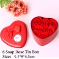 Detailed view of red heart-shaped tin box with six soap roses and silk bow decoration - 6 Pieces / All Red