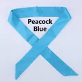 Close-up of a peacock blue satin skinny scarf with diagonal ends and a glossy finish - 100x4cm / Teal