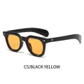 Retro square sunglasses with thick black frame, yellow lenses and gold rivet accents - Black Frame Orange Lens