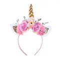 Vista de detalle de diadema de unicornio con cuerno dorado y rosas artificiales - Rosa (HFL1101-14)