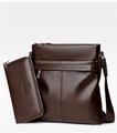 Conjunto de bolso bandolera de hombre en cuero marrón con cartera larga a juego - Bolso de hombro + Juego de bolso de mano / Marrón