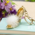 Golden high heel keychain with sparkling rhinestones and white faux fur pompom charm - White Pom High Heel