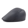 Men's black PU leather flat cap with lychee texture and classic British ivy style - Black