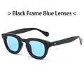 Gafas de sol ovales retro con montura negra gruesa lentes azul claro y detalles metal - Montura Negra Lentes Azules