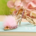 Pink rhinestone high heel keychain with faux fur pompom and golden metal ring - Pink Plush High Heels