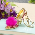 Pink rhinestone high heel keychain with faux fur pom pom on gold metal ring - Plush High Heels Rose Red