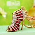 Sparkling red rhinestone high heel shoe keychain with gold metal frame and key ring - Red Striped High Heel