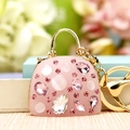 Pink handbag keychain with sparkling rhinestones and white pearls on gold metal ring - Pink Jelly Crossbody Bag